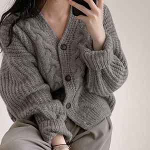 Women's Knits Tees V Neck Puff Long Sleeve Cropped Pink Cardigan Women Clothes Pull Sueters De Mujer Korean Twist Sweater Knit Coat Grey Y2k Top 230302