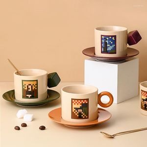 Koppar tefat modern konst keramisk kaffekopp med tefat kreativ ring magiska fyrkantiga handtag mugg vintage te set drinkware gåvor