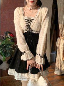 Casual Dresses 2023 French Vintage Mini Dress Women Lace Party Short Lolita Kawaii kläder Elegant One Piece Korean