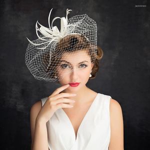 Headpieces Elegant Birdcage Veil Formal Bridal Fascinator White Feather Ribbon Wedding Acsessoire For Hair