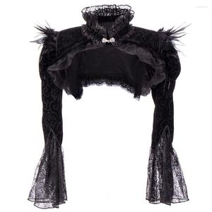 Women's Jackets Coat Gothic Feather Shawl Cardigan Women Black Lace Patchwork Flare Sleeve Stand Collar Vintage Super Short Halloween