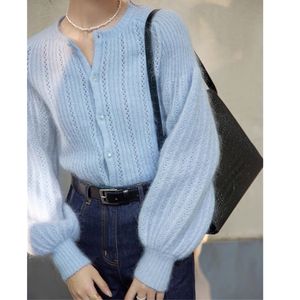 Kvinnors stickor Tees Limiguyue Mohair Knit Cardigan Kvinnor Vintage Fransk tröja Gentle Blue Knitwear Lous Round Neck Coat Lantern Sleeve Tops J054 230302