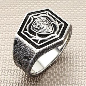 Cluster Rings Sterling Silver Ornate Shield Style Ring Striped Model Oxidized Accessories For Men Made In Turkey