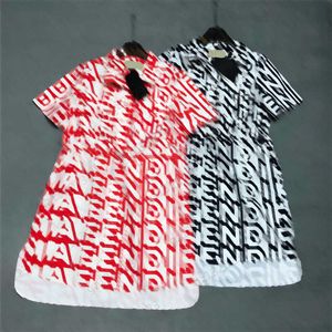 Brand Dress Double F Letter Jacquard Short Sleeve Lapel Dresses Waist Drawstring Design Side Slit Slimming Maxiskit 2 Colors Designer Dresses