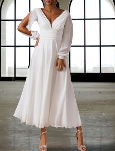 Beach Boho Wedding Dress Simple Tea Length A-Line Long Sleeve V Neck Chiffon 2023 Bridal Party Gowns Robe De Mariee