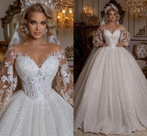 Retro Shinny Wedding Dress 2023 Sequins Lace Applique Illusion Neck Long Sleeves Bodice Bridal Gowns Dubai Vestidos De Novia