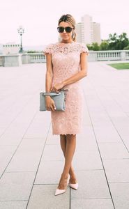 Pink Lace Mother of Bride Groom Dresses Sheath Jewel Neck Cap Sleeve Knee Length Formal Mother Dress Cocktail Prom Bridesmaids Gowns BA1575