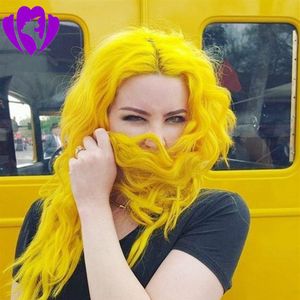 Long wavy Yellow Color wig Heat Resistant Hair 150% Denstiy Cosplay Perruque Masquera Synthetic Lace Front Wigs for Women281a