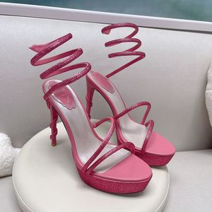 Rene Crystal lamp Snake Strass stiletto Heel sandals suede Snake Evening shoes women high heeled Luxury Designers Ankle Wraparound shoe Women's dinner dress shoes