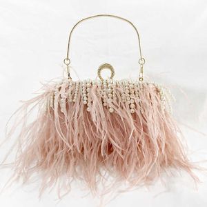 Vintage Ostrich Feather Evening Pearl Decoration Bankett S Fashion Party Chain Bag Luxury Purse handväska för kvinnor XA171HL230302