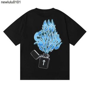 Designer Kvinnor Herrarna T-skjortor Trapstar Lighter Blue Flame Print Kvalitet Dubbel garn Bomull Lös Casual kortärmad t-shirt för män