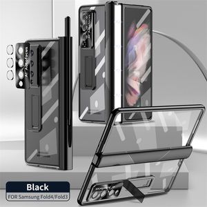 Samsung Galaxy Z Fold3 Fold 4 5g Hidden Kickstand Shell with Touch Penの透明な磁気ヒンジ電気めっき折りたたみ電話ケース