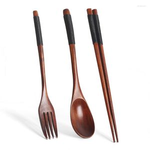 Set di stoviglie Stile giapponese Avvolgimento in legno Cucchiaio Forchetta Bacchette Set di tre pezzi Manico lungo Portatile per adulti in legno massello