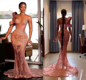 Fabulous Orange Mermaid ASO EBI African Evening Dresses Sexy One Shoulder Appliques Beads Sequins Luxurious Women Occasion Party Prom Gowns BC14937