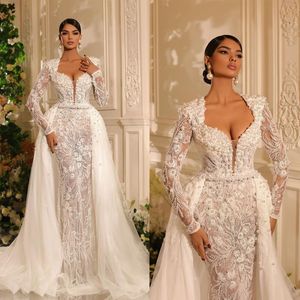 Elegant V Neck Mermaid Wedding Dresses Full Sleeve Lace Bridal Gowns Custom Made Applique Pearls Crystal Dress Vestido De Novia