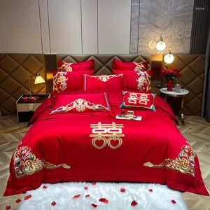 Bedding Sets Red Luxury Gold Phoenix 4/6 Pcs Embroidery Chinese Wedding Cotton Set Duvet Quilt Cover Bed Sheet Pillowcases