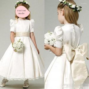 Girl Dresses Ivory Satin Flower With Champagne Bow Sash Jewel Neck Ankle Length Bubble Short Sleeves Lace Hemline Girls