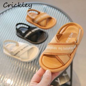 Sandalen Sommer Buchstaben Solide Kinder Sandalen Mädchen Jungen Atmungsaktive Weiche Sohle Strand Schuhe Designer Haken Schleife Kleinkind Kinder Sandalen R230220