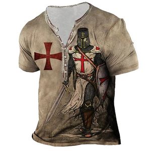 Herr t-shirts vintage bomullst-shirt för män 3d tryck Knight Henley skjorta v-ringning kort ärm överdimensionerade toppar tee skjorta män kläder streetwear 230302