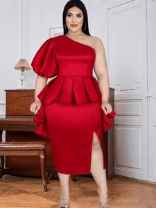 Party Dresses Peplum Big Size Red One Shoulder Short Puff Sleeve Ruffles Package Hip Sexy Slit Evening Cocktail Gowns Summer