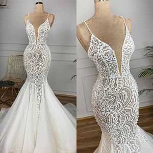 Glamorous Mermaid Wedding Dresses Deep V-neck Spaghetti Special Pattern Applicant Organza Backless Court Gown Custom Made Plus Size Vestidos De Novia