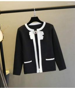 Women's Jackets Autumn Design Women's O-neck Long Sleeve Black White Color Block Bow Patchwork Knitted Sweater Cardigan Short Coat SML