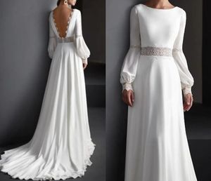 A-Line Wedding Dress 2023 Long Puffy Sleeve Satin Chiffon Backless Lace Appliques Brudklänningar Spring Robe de Mariage New