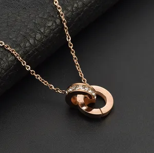 Classic Double Ring Rose Gold Titanium Steel Necklace Pendant Female Niche Simple and Light Luxury Design Clavicle All-Match Necklace Accessories