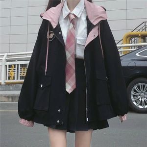 Houzhou Japanyaii Zipperブラックジャケット女性Harajuku Autumnedisgized Preppy Styleかわいい女子高生ピンクのアウトウェア230301
