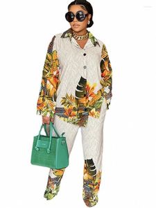 Etniska kläder 2 Tvådelar Set Dashiki African Clothes for Women Autumn Printed Plaid Loose Shirt and Wide Ben Pants Lady Party Matching