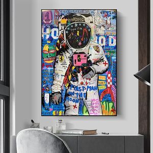 Graffiti Street Sanat Astronot Poster Resim Tuval Baskı Duvar Resim Oturma Odası Ev Dekorasyonu Woo