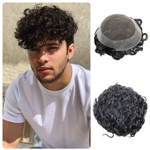 Mens Weave Hair Unit Black Men 100% Human Hair 20mm Curly Mens Hair System for Men French Lace with 1 inches PU Coated Perimeter