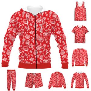 Herren-Trainingsanzüge, lustiger 3D-Volldruck, Bandana, rotes Paisley-T-Shirt, Sweatshirt, Kapuzenpullover mit Reißverschluss, dünne Jacke, Hose, Vier-Jahreszeiten-Freizeitanzug V51 230228