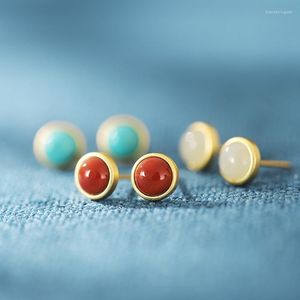 Stud Earrings S925 Sterling Silver Inlaid With Natural South Red Agate An Jade And Pine Stone. Round Egg Women's Gold Plating