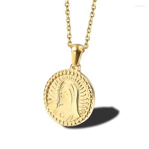 ペンダントネックレスラウンドステンレススチールゴールドコイン私たちの聖母グアダルーペネックレス