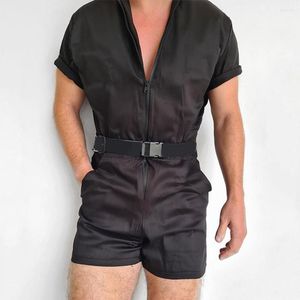 Mäns byxor män kausal fast färg jumpsuit vriddown krage rak temperament smal kort ärm romper streetwear overall manliga romer