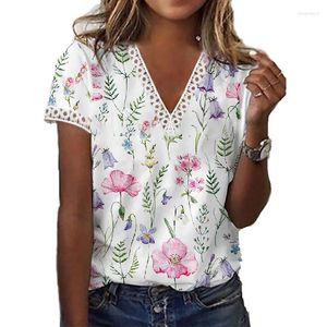 Kvinnors blusar 2023 Summer Kvinnor V-ringning Kort ärm T-shirts Elegant Casual Blouse Fashion Floral Pullover Tops Female Clothes 24785