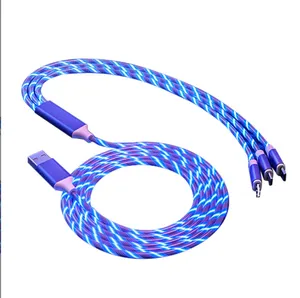 Cavo di ricarica USB 3 in 1 per telefono cellulare Cavo di ricarica micro USB di tipo C Ricarica per smartphone da 1,2 m con LED Streamer Glow Flowing Cord Pacchetto PP