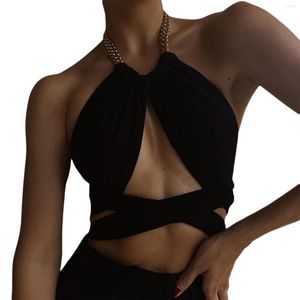 Women's T Shirts Women Chain Halter Sexy Tank Tops Cut Out Cross Wrap Body Ruched Back Tie Up Vest Bustier