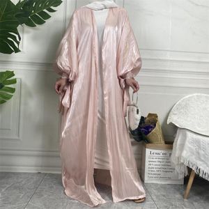 Abbigliamento etnico Moda Arabo islamico Abito in cardigan con maniche in pizzo di seta lucida Abito da donna Abito musulmano Abaya Kimono Femme Musulman