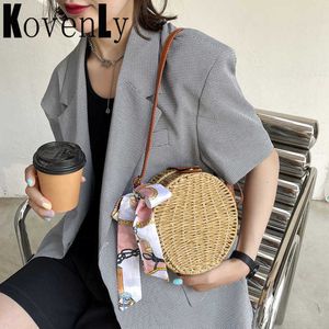 Summer Rattan Bags For Woman Circular Design Crossbody Bag Straw Weaving Bohemia Style Woman Beach Shoulder Bag Fashion Purse 230303