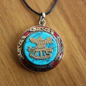 Pendant Necklaces PN838 Tibetan Mantras & Eight Lucky Signs Amulet Prayer Box Handmade Nepal Brass Coral 41mm Big Round Gau