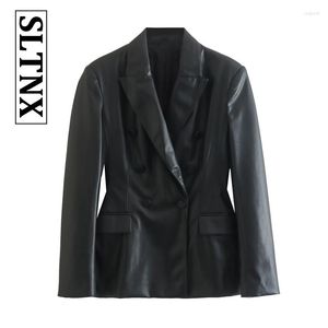 Pelle da donna SLTNX 2023 Moda donna con intaglio doppio petto PU Blazer Cappotto Casual dritto manica lunga posteriore Prese d'aria Capispalla femminile