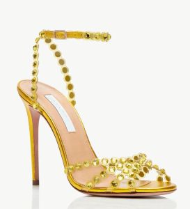 Yaz 23SS marka tekila sandaletler ayakkabı kadınlar mücevher kristal strappy gladiator santalias pvc deri stiletto topuk düğün elbise akşam