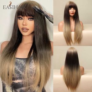 Synthetic Wigs Easihair Long Straight Synthetic Wigs Brown Blonde Ombre for Women Natural Hair with Bangs Heat Resistant Cosplay Wig 230227