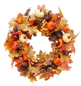 Artificial Wreath Grundland Rattan Frame com Berries de abóboras de pinheiro e folhas de bordo Ação de Graças Decorações de férias de outono 21030630