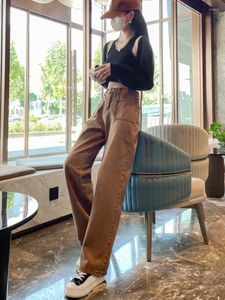 Women's Jeans Y2K Brown High Waist Vintage Women Long Straight Autumn Female Korean Style Do Old Wide Leg Pants Big Pockets Warm INS