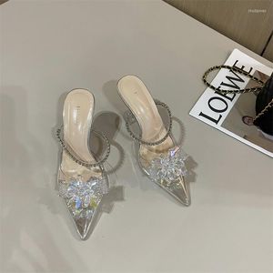 Slippers Rhinestone Flower Women Slides Finos saltos altos saltos transparentes pvc mulas sapatos vestido mulher tamanho 35-39 partido