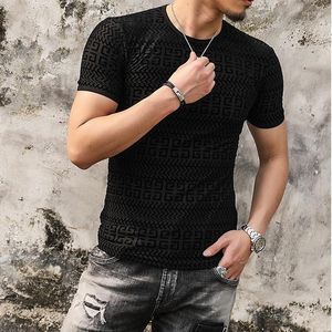 Men's T Shirts Velour Elastic Hollow Breathable Luxury Short Sleeve Shirt Men Summer Quality Soft Comfortable Casual Slim Camisetas M-5XL