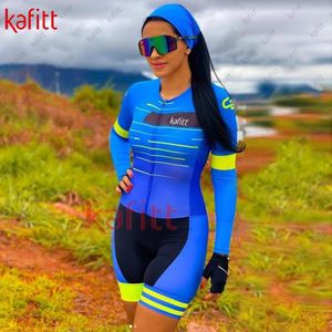Racing Sets KafiWinter Sexy Long Sleeve Cycling Jersey Jumpsuit Women's Blue Sweater Set Low Price Promotion